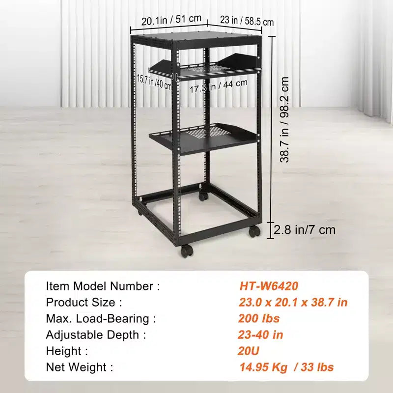 20U Server Cabinet Open Structure Network Housing Wall-Mountable with 2 Perforated Shelves & 4 Wheels Depth Adjustable 23"-40"