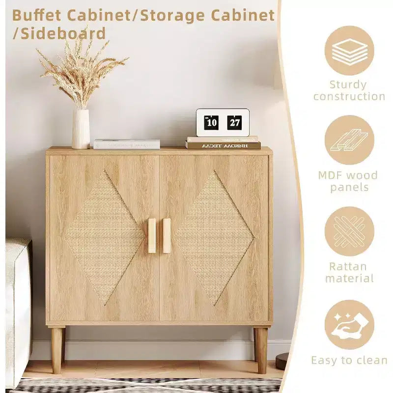 Modern Sideboard with Woven Rattan Doors  Adjustable Shelves Entryway Cabinet for Living Room, Kitchen & Hallway (Sturdy Wood Feet)
