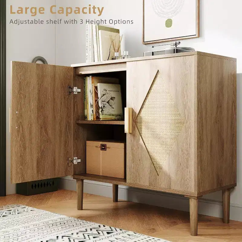 Modern Sideboard with Woven Rattan Doors  Adjustable Shelves Entryway Cabinet for Living Room, Kitchen & Hallway (Sturdy Wood Feet)