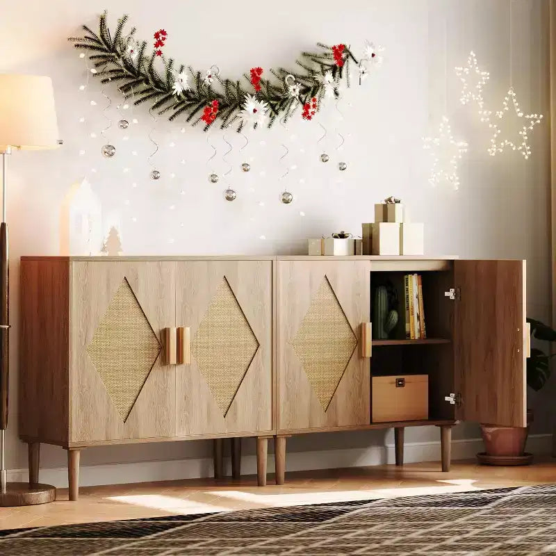 Modern Sideboard with Woven Rattan Doors  Adjustable Shelves Entryway Cabinet for Living Room, Kitchen & Hallway (Sturdy Wood Feet)