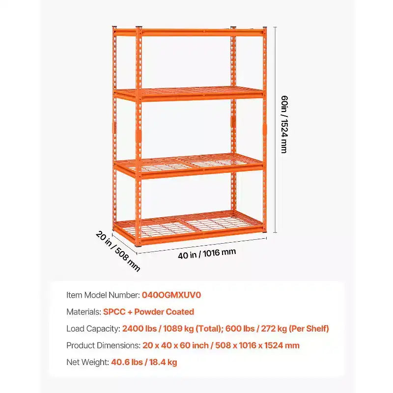 Storage Shelves, 2400 lbs, 4 Tier Heavy Duty Garage Shelving, 20 D x 40 W x 60 H Adjustable Metal Shelves for Industrial Shelving Unit