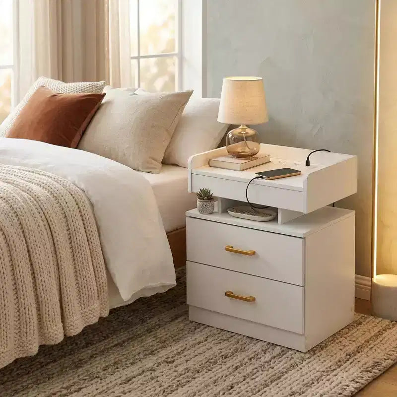 Nightstand with LED Lights & USB Charging, Floating Design Bedside Table with 2 Drawers