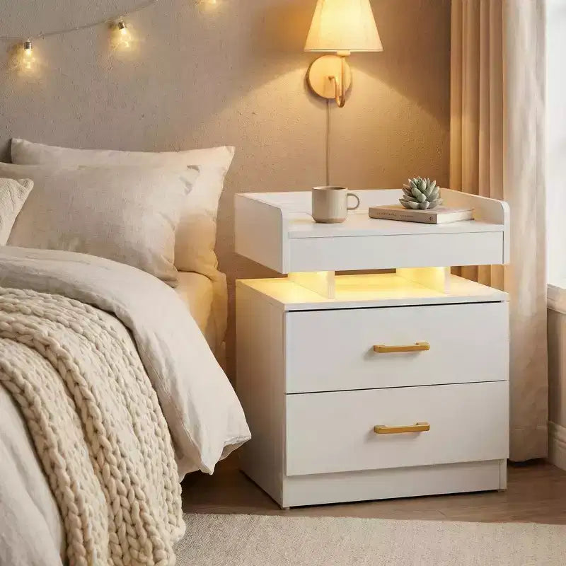 Nightstand with LED Lights & USB Charging, Floating Design Bedside Table with 2 Drawers