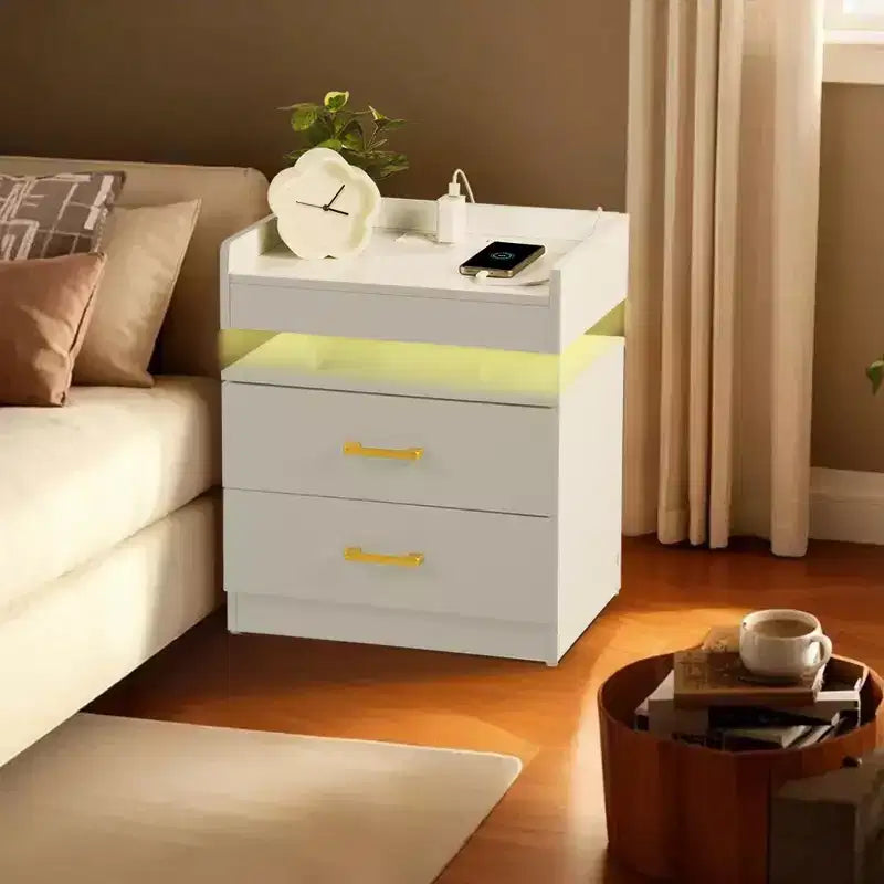 Nightstand with LED Lights & USB Charging, Floating Design Bedside Table with 2 Drawers