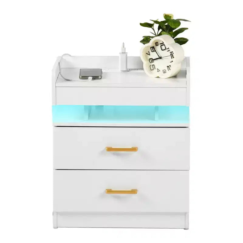 Nightstand with LED Lights & USB Charging, Floating Design Bedside Table with 2 Drawers