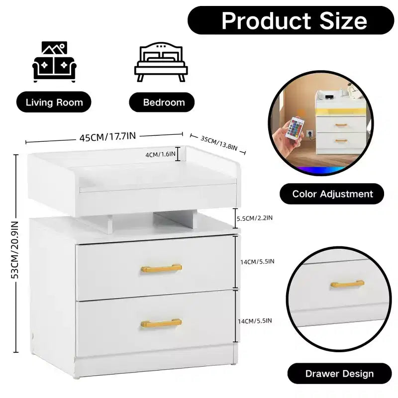 Nightstand with LED Lights & USB Charging, Floating Design Bedside Table with 2 Drawers
