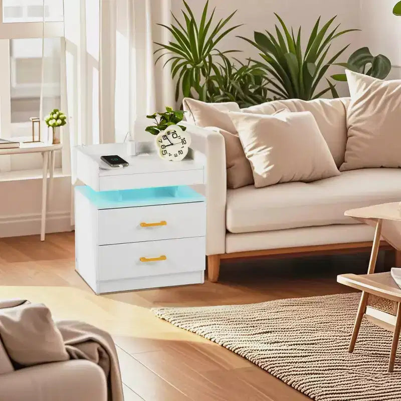 Nightstand with LED Lights & USB Charging, Floating Design Bedside Table with 2 Drawers