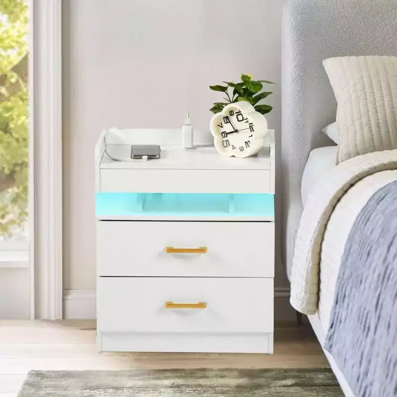 Nightstand with LED Lights & USB Charging, Floating Design Bedside Table with 2 Drawers