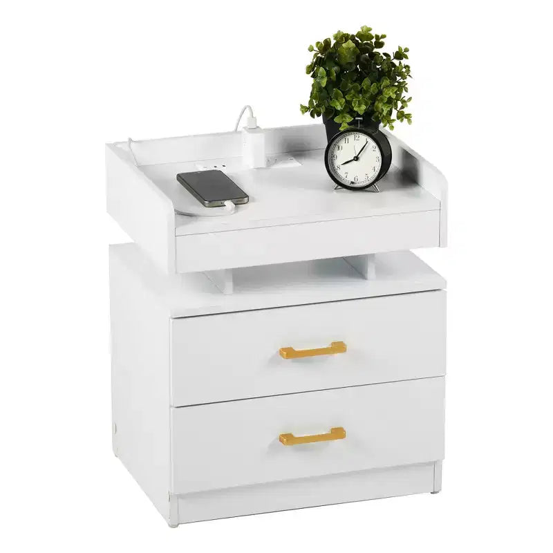 Nightstand with LED Lights & USB Charging, Floating Design Bedside Table with 2 Drawers