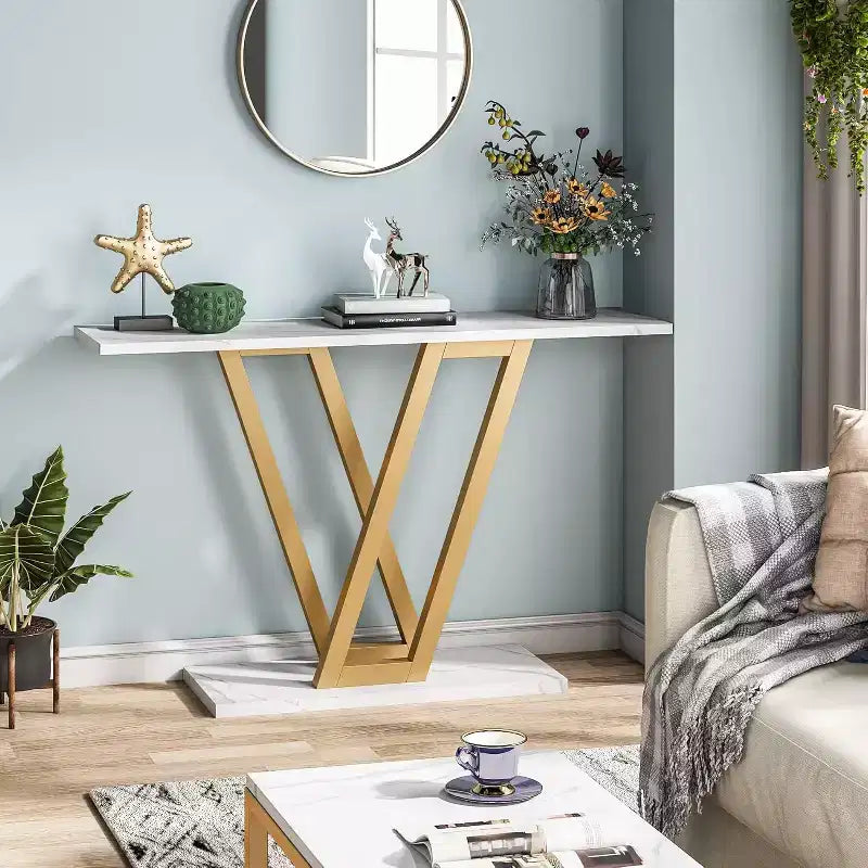 43-Inch Gold Console Table, Modern Hallway Entryway and Sofa Table for Living Room, Faux Marble White, Easy Assembly