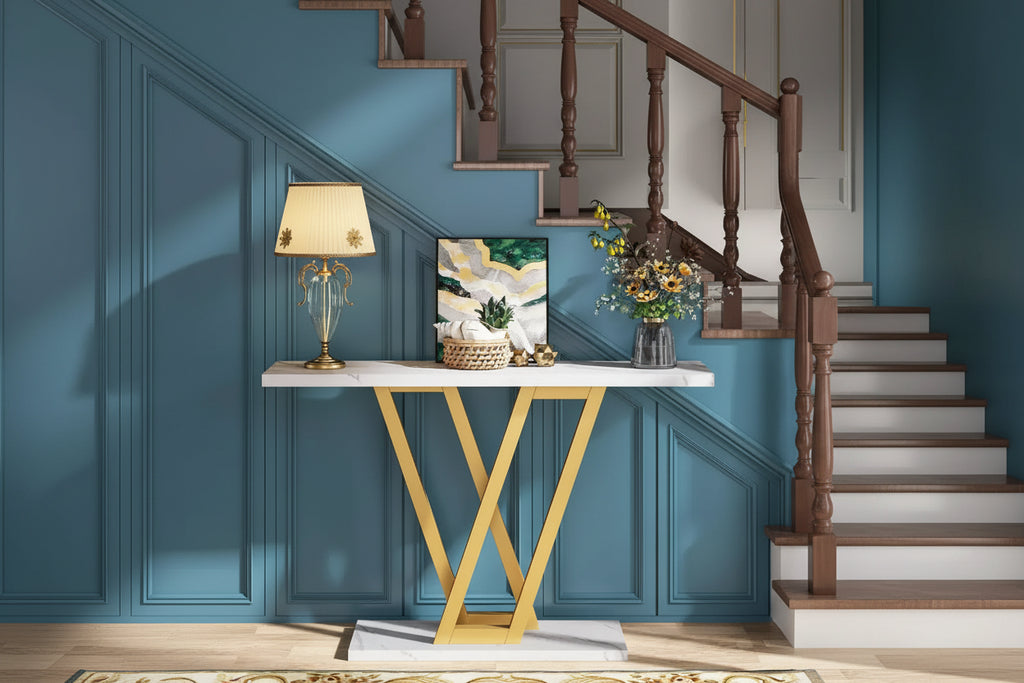 43-Inch Gold Console Table, Modern Hallway Entryway and Sofa Table for Living Room, Faux Marble White, Easy Assembly