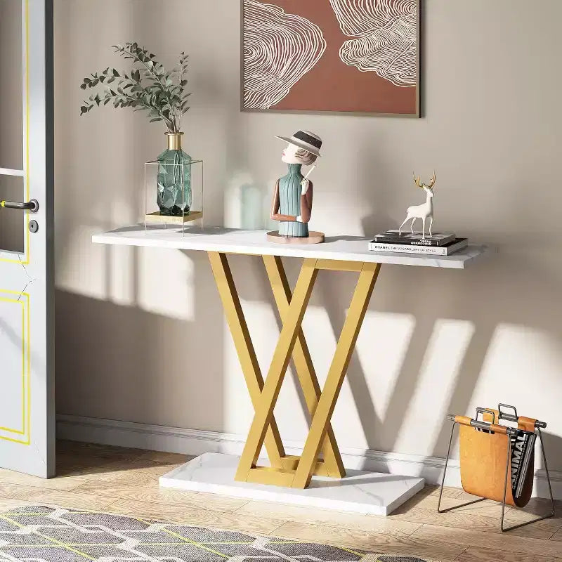 43-Inch Gold Console Table, Modern Hallway Entryway and Sofa Table for Living Room, Faux Marble White, Easy Assembly