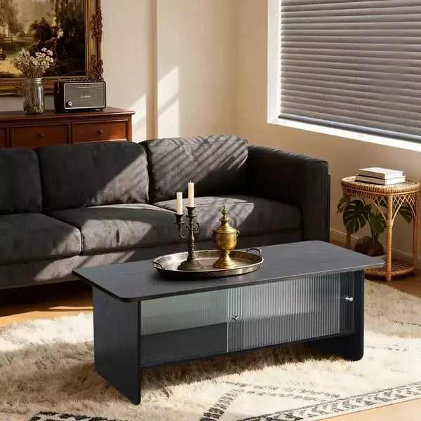 GDFStudio Faustine Modern Rectangular Coffee Table with Glass Sliding Door