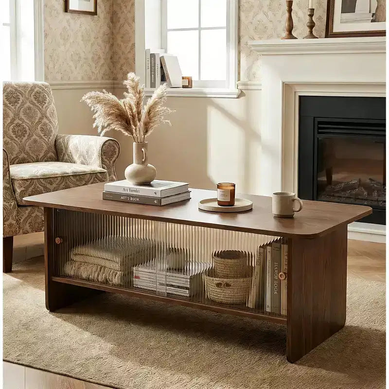Modern Rectangular Coffee Table with Glass Sliding Door