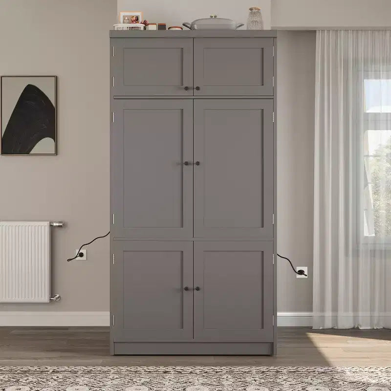 Large Shaker Style Kitchen Pantry with 2 Power Outlets, Adjustable and Door Shelves