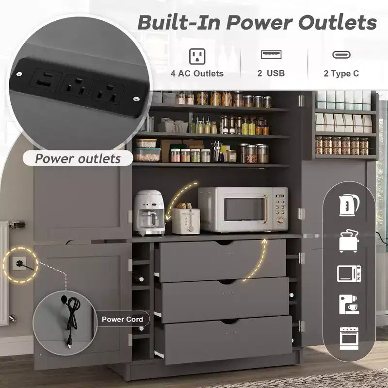 Large Shaker Style Kitchen Pantry with 2 Power Outlets, Adjustable and Door Shelves