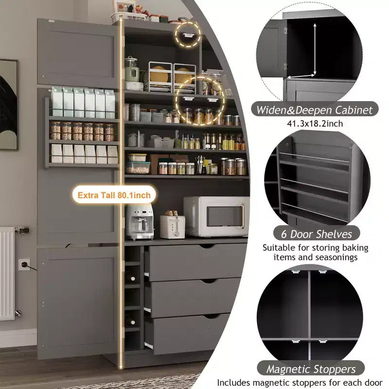 Large Shaker Style Kitchen Pantry with 2 Power Outlets, Adjustable and Door Shelves