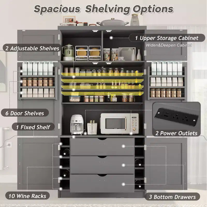 Large Shaker Style Kitchen Pantry with 2 Power Outlets, Adjustable and Door Shelves