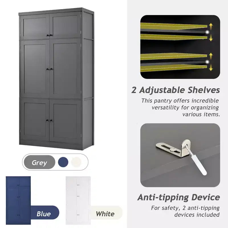 Large Shaker Style Kitchen Pantry with 2 Power Outlets, Adjustable and Door Shelves
