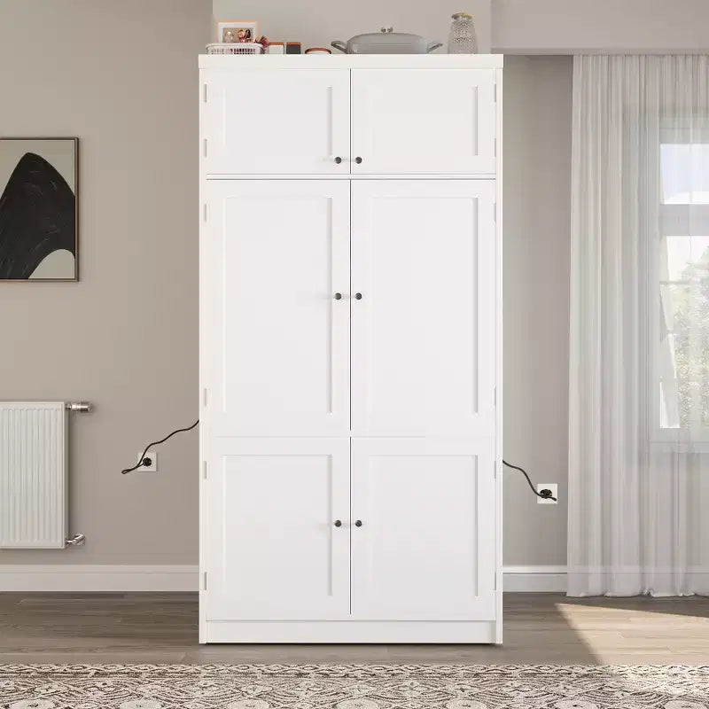 Large Shaker Style Kitchen Pantry with 2 Power Outlets, Adjustable and Door Shelves