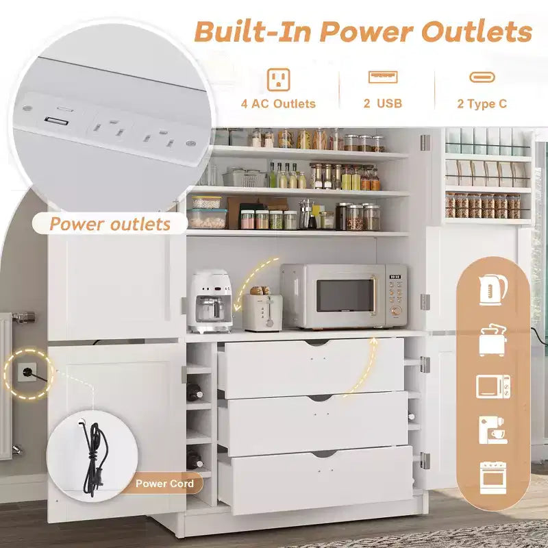 Large Shaker Style Kitchen Pantry with 2 Power Outlets, Adjustable and Door Shelves