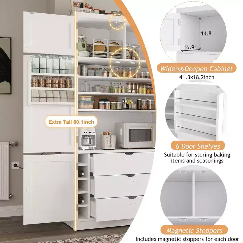 Large Shaker Style Kitchen Pantry with 2 Power Outlets, Adjustable and Door Shelves