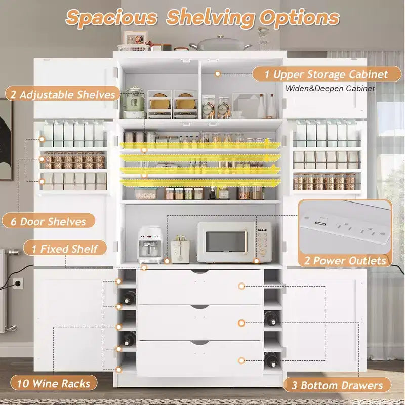Large Shaker Style Kitchen Pantry with 2 Power Outlets, Adjustable and Door Shelves