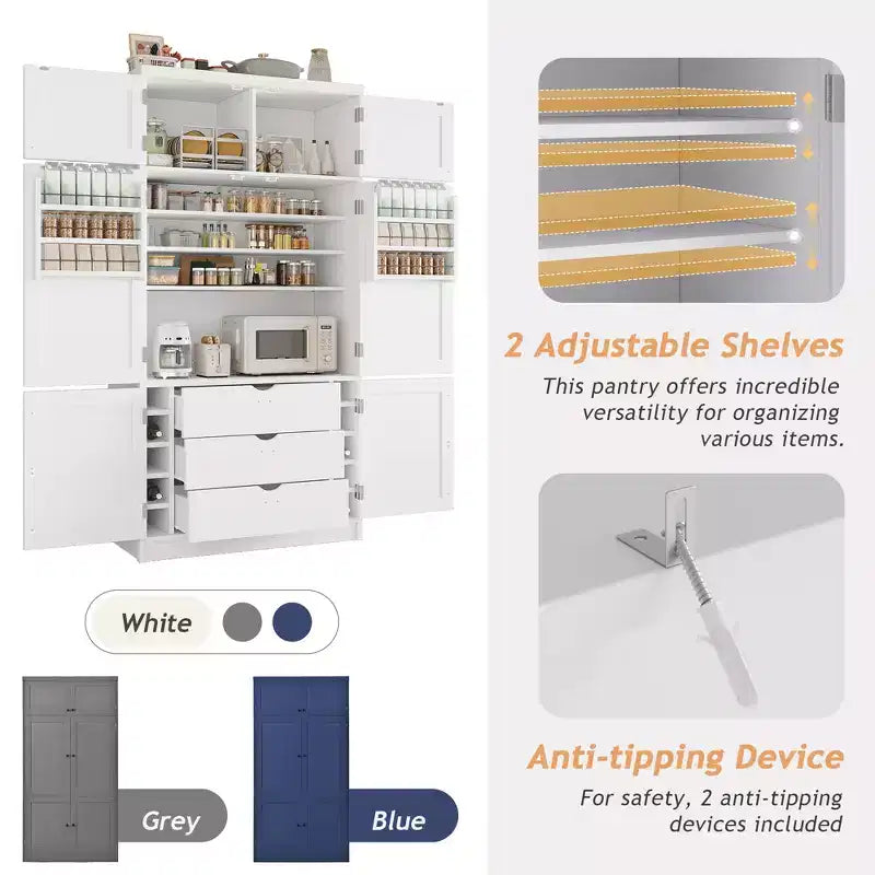 Large Shaker Style Kitchen Pantry with 2 Power Outlets, Adjustable and Door Shelves