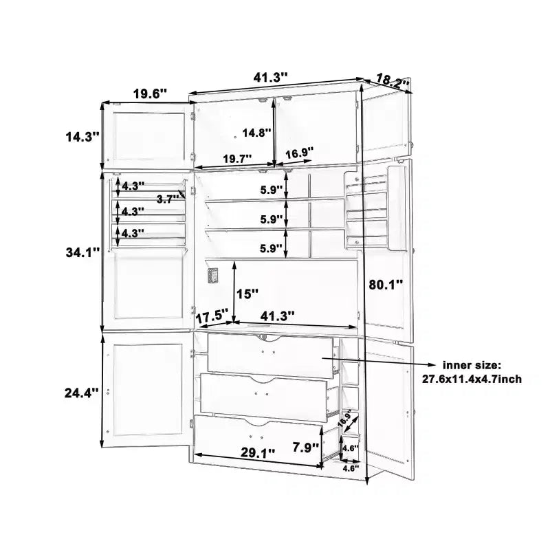 Large Shaker Style Kitchen Pantry with 2 Power Outlets, Adjustable and Door Shelves