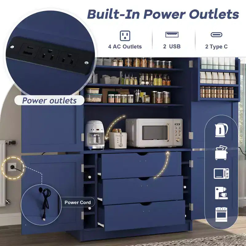 Large Shaker Style Kitchen Pantry with 2 Power Outlets, Adjustable and Door Shelves