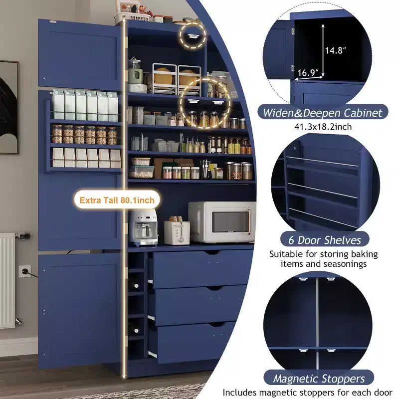 Large Shaker Style Kitchen Pantry with 2 Power Outlets, Adjustable and Door Shelves