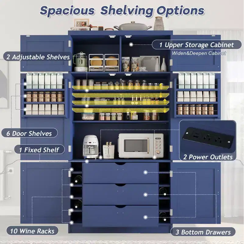 Large Shaker Style Kitchen Pantry with 2 Power Outlets, Adjustable and Door Shelves