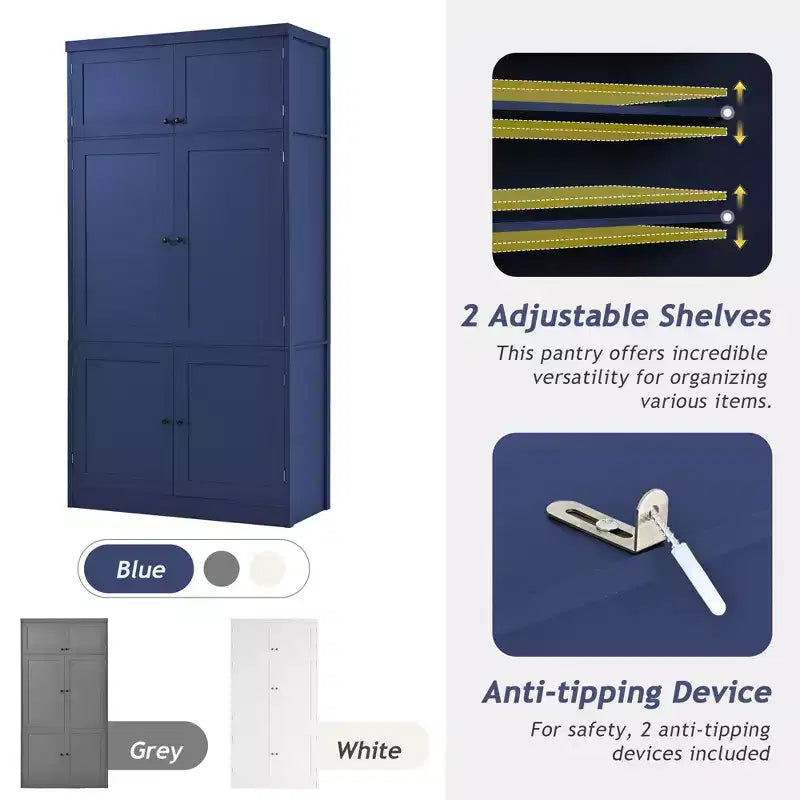 Large Shaker Style Kitchen Pantry with 2 Power Outlets, Adjustable and Door Shelves
