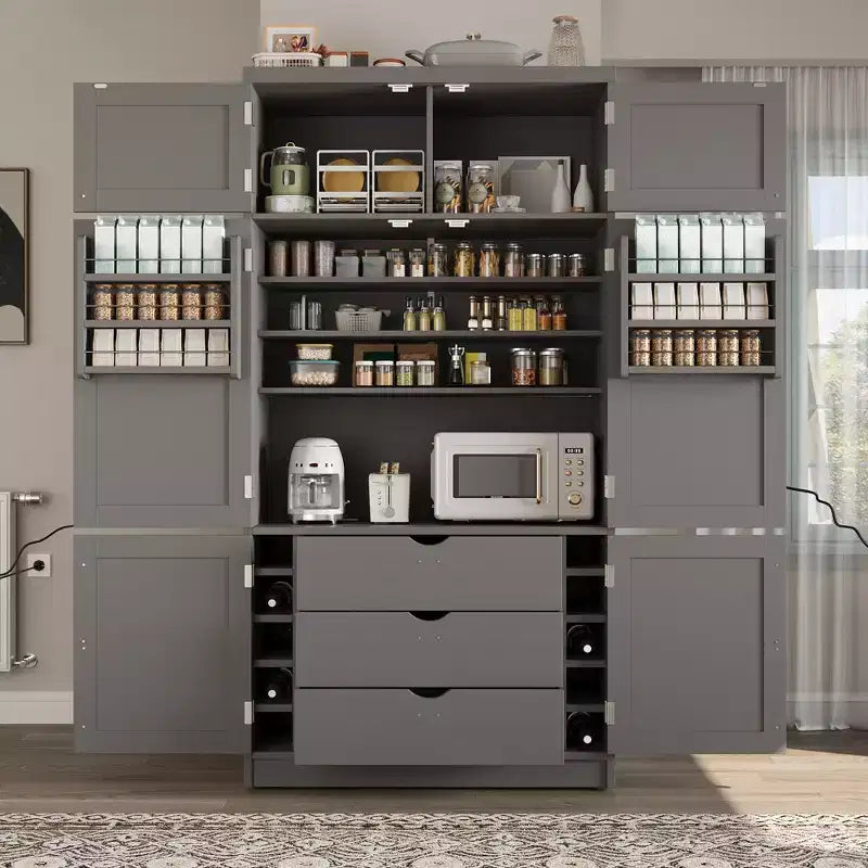 Large Shaker Style Kitchen Pantry with 2 Power Outlets, Adjustable and Door Shelves