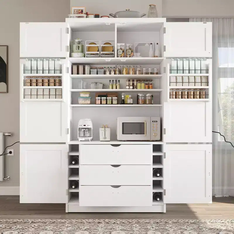 Large Shaker Style Kitchen Pantry with 2 Power Outlets, Adjustable and Door Shelves