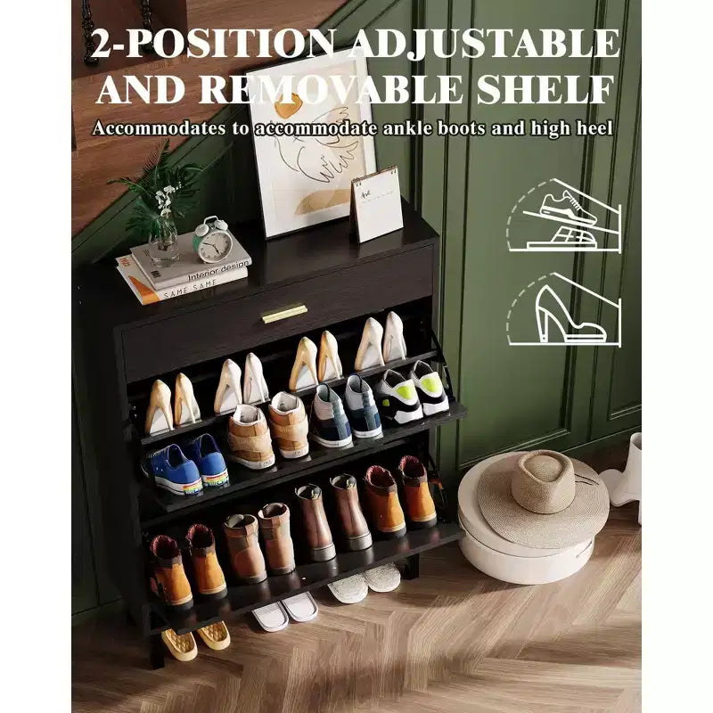 Shoe Storage Cabinet with Dual Flip Drawers, Space-Saving Shoe Organizer for Entryway, Hallway, or Mudroom, Hidden Shoe Rack Cupboard