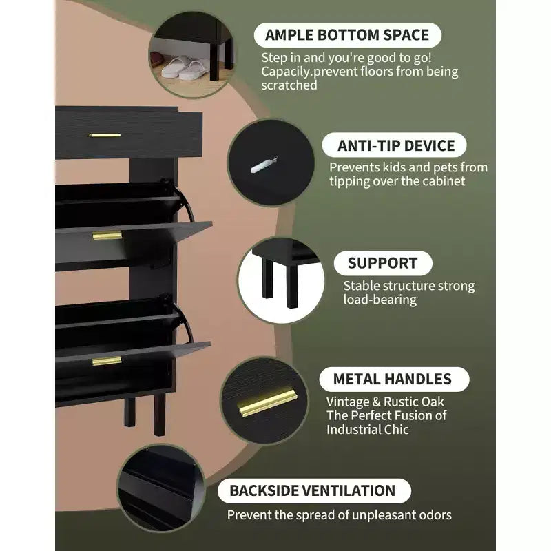 Shoe Storage Cabinet with Dual Flip Drawers, Space-Saving Shoe Organizer for Entryway, Hallway, or Mudroom, Hidden Shoe Rack Cupboard