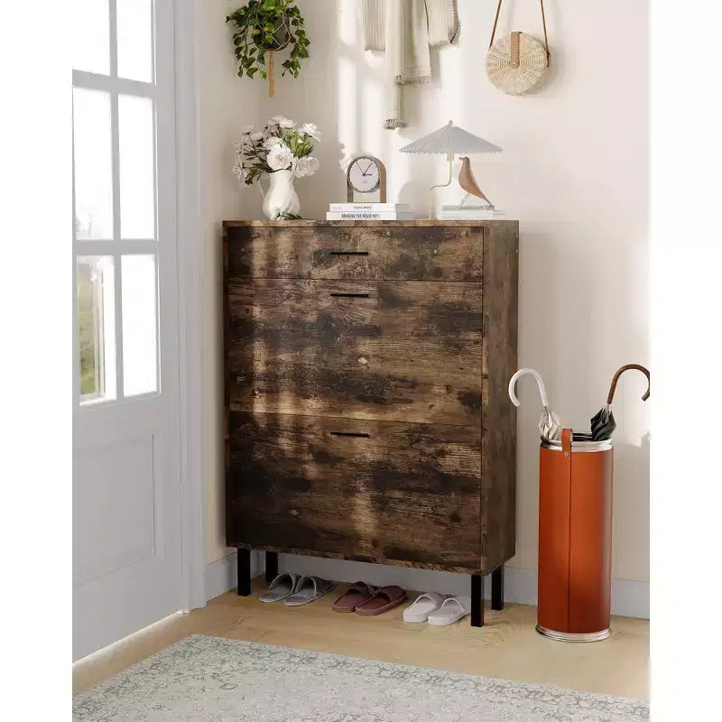 Shoe Storage Cabinet with Dual Flip Drawers, Space-Saving Shoe Organizer for Entryway, Hallway, or Mudroom, Hidden Shoe Rack Cupboard