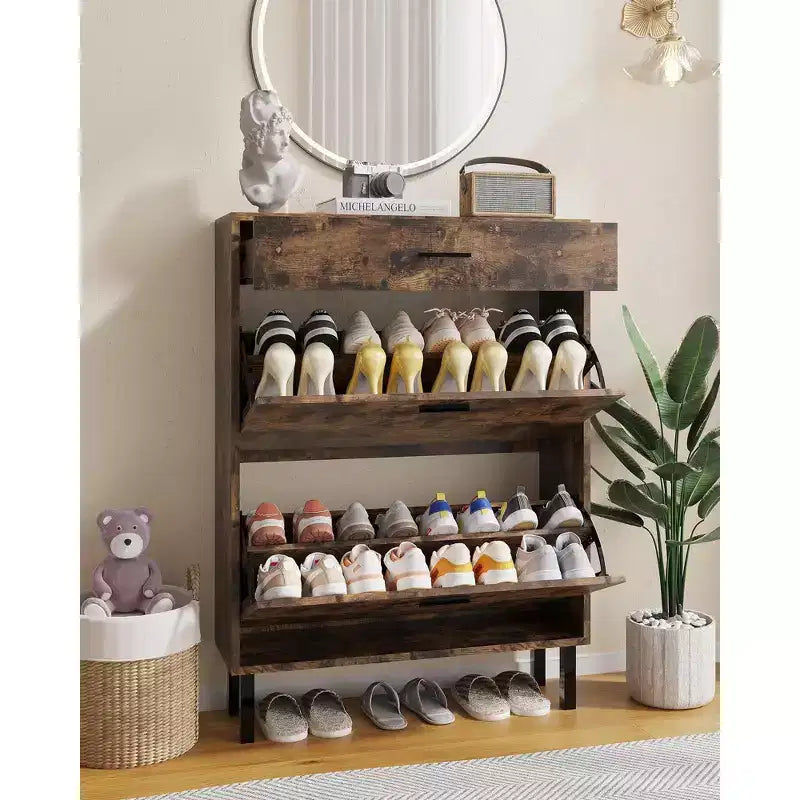 Shoe Storage Cabinet with Dual Flip Drawers, Space-Saving Shoe Organizer for Entryway, Hallway, or Mudroom, Hidden Shoe Rack Cupboard