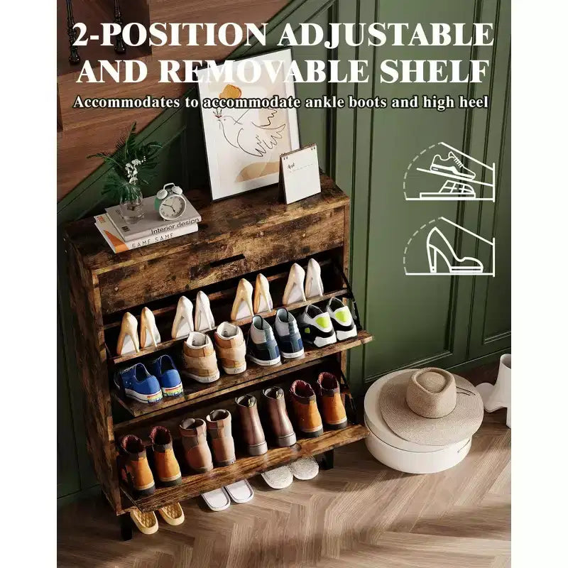 Shoe Storage Cabinet with Dual Flip Drawers, Space-Saving Shoe Organizer for Entryway, Hallway, or Mudroom, Hidden Shoe Rack Cupboard
