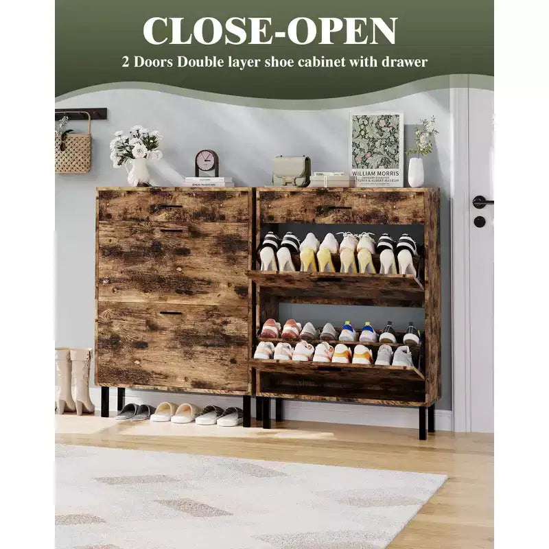 Shoe Storage Cabinet with Dual Flip Drawers, Space-Saving Shoe Organizer for Entryway, Hallway, or Mudroom, Hidden Shoe Rack Cupboard
