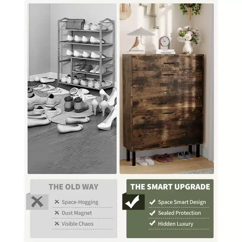 Shoe Storage Cabinet with Dual Flip Drawers, Space-Saving Shoe Organizer for Entryway, Hallway, or Mudroom, Hidden Shoe Rack Cupboard