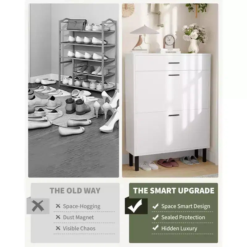 Shoe Storage Cabinet with Dual Flip Drawers, Space-Saving Shoe Organizer for Entryway, Hallway, or Mudroom, Hidden Shoe Rack Cupboard
