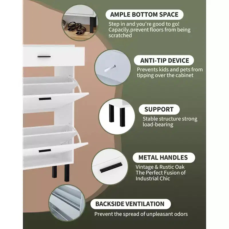 Shoe Storage Cabinet with Dual Flip Drawers, Space-Saving Shoe Organizer for Entryway, Hallway, or Mudroom, Hidden Shoe Rack Cupboard