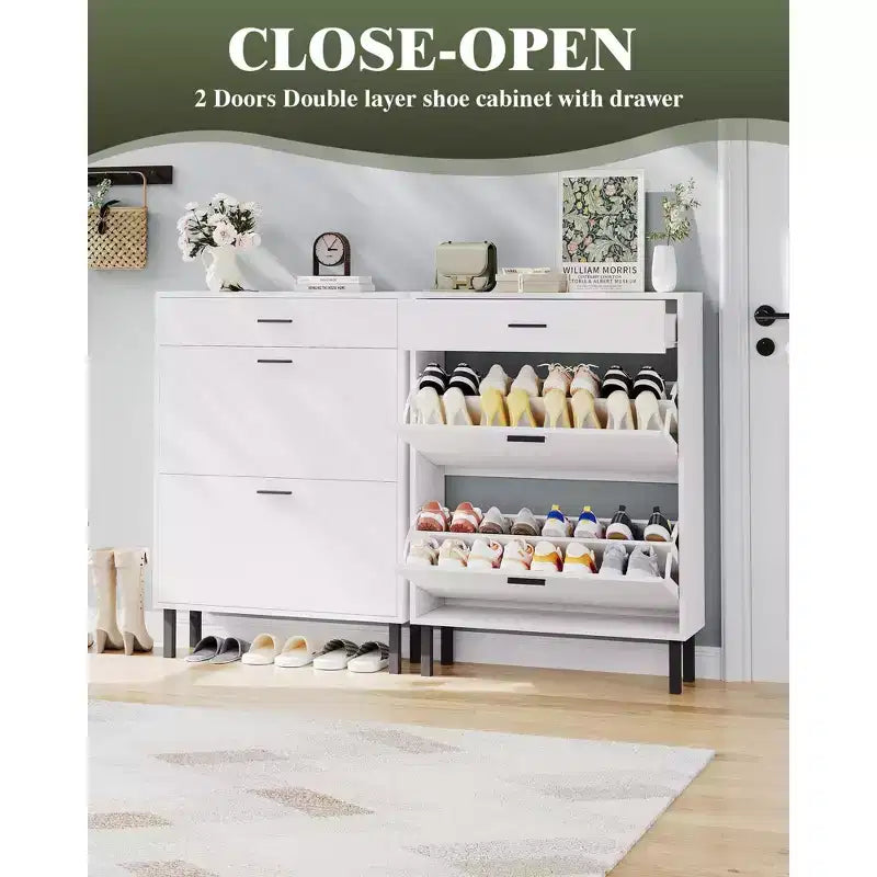 Shoe Storage Cabinet with Dual Flip Drawers, Space-Saving Shoe Organizer for Entryway, Hallway, or Mudroom, Hidden Shoe Rack Cupboard