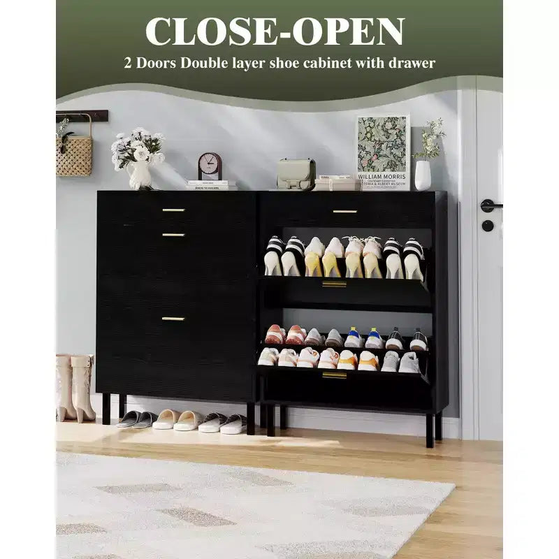 Shoe Storage Cabinet with Dual Flip Drawers, Space-Saving Shoe Organizer for Entryway, Hallway, or Mudroom, Hidden Shoe Rack Cupboard