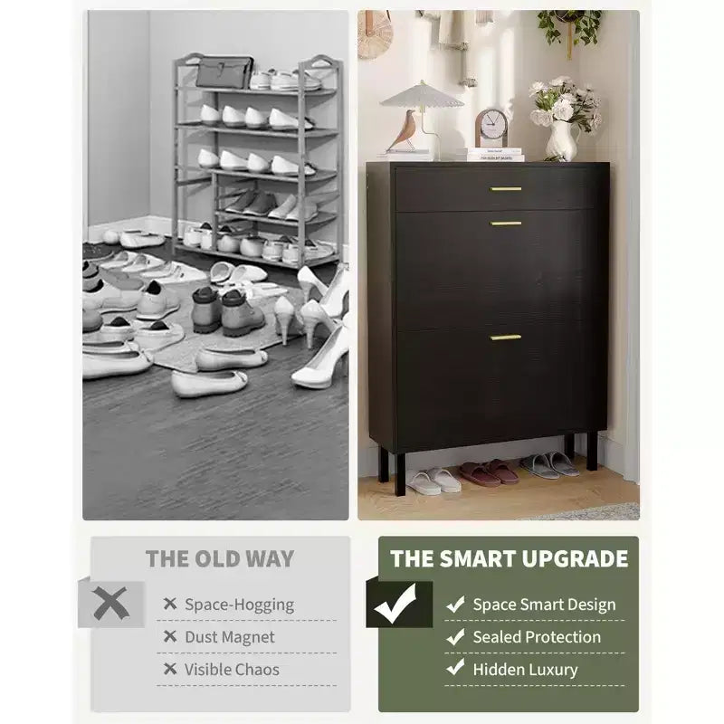 Shoe Storage Cabinet with Dual Flip Drawers, Space-Saving Shoe Organizer for Entryway, Hallway, or Mudroom, Hidden Shoe Rack Cupboard