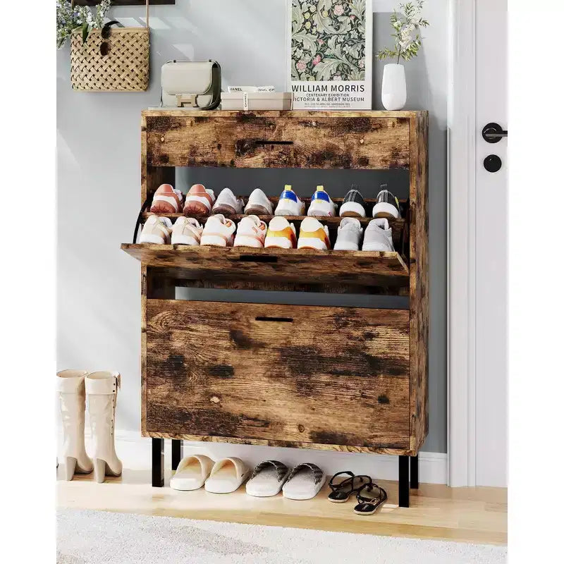 Shoe Storage Cabinet with Dual Flip Drawers, Space-Saving Shoe Organizer for Entryway, Hallway, or Mudroom, Hidden Shoe Rack Cupboard