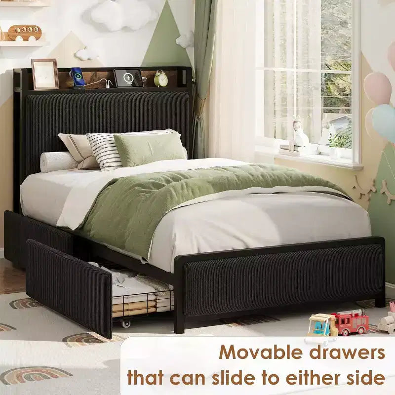 Cadre de lit double XL avec tête de lit de rangement, plateforme de lit double rembourrée en velours côtelé noir avec tiroirs de rangement