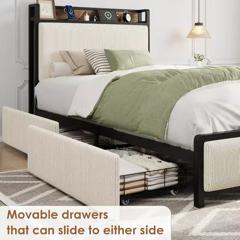 Twin-XL Size Bed Frame with Storage Headboard, Black Corduroy Upholstered Twin Platform Bedframe with Storage Drawers